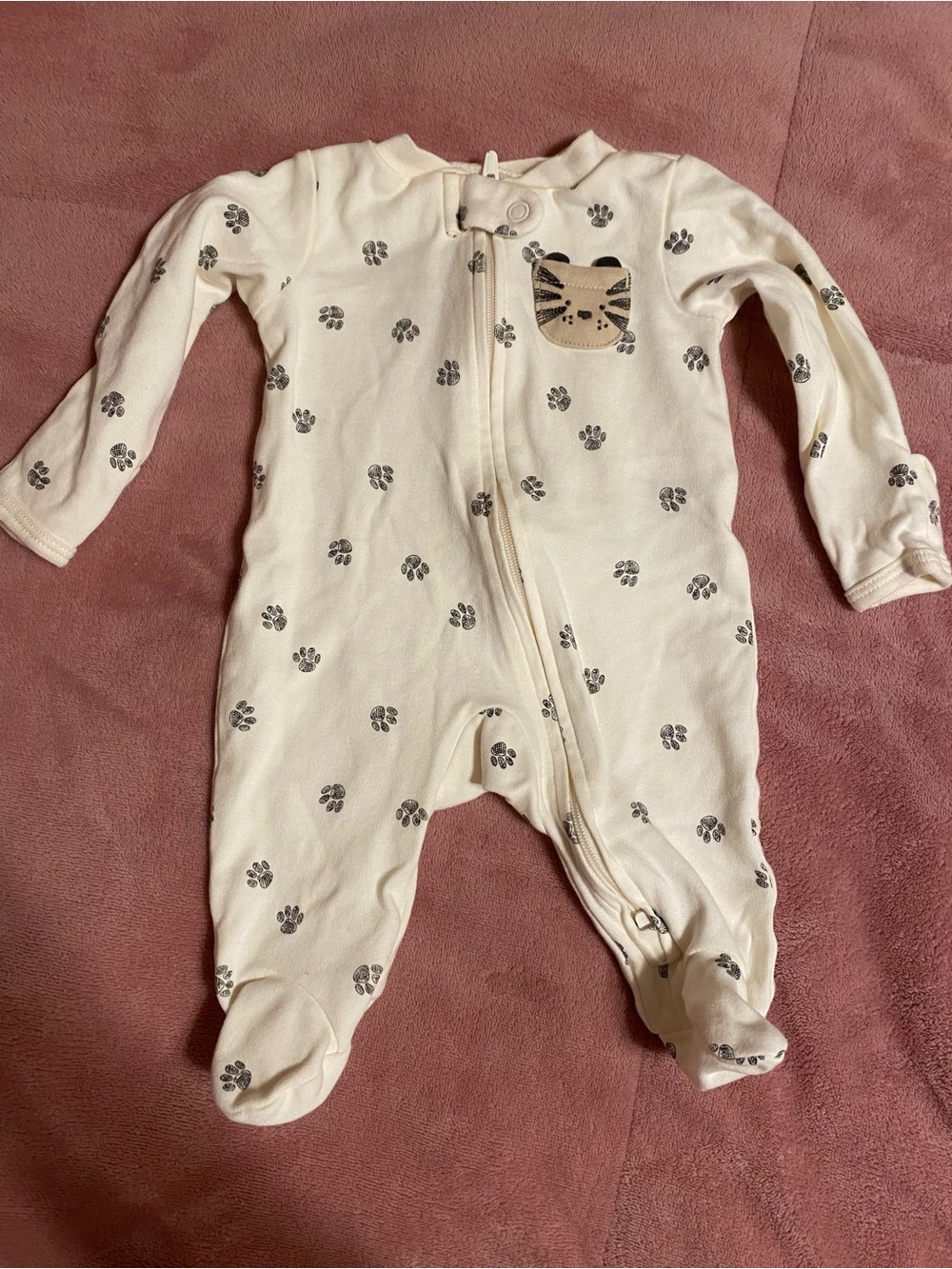 Cream Footed Baby One-Piece with Paw Print and Cat Patch